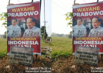 Baliho bergambar Prabowo dan Jokowi di Kecamatan Rowosari, Kabupaten Kendal terkena aksi vandalisme bertuliskan 'Asu Kabeh', Sabtu (28/10/2023)