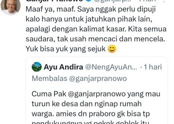 Capres Ganjar Pranowo berkomitmen menciptakan suasana sejuk politik Indonesia menjelang Pilpres 2024 (sumber: Twitter @ganjarpranowo)