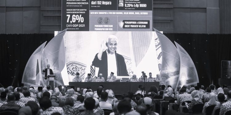 Ganjar Pranowo saat mengisi silaturahmi kerja nasional Ikatan Cendekiawan Muslim Indonesia (ICMI) yang digelar di hotel Four Points By Sheraton, Kota Makassar, Sulawesi Selatan (Sulsel), Sabtu (4/11/2023) lalu. (dok Tim Ganjar Pranowo)