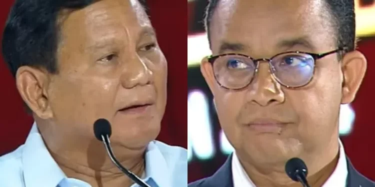 Anies dan Prabowo dalam debat capres yang digelar, Minggu (7/1/2024). (dok. istimewa)