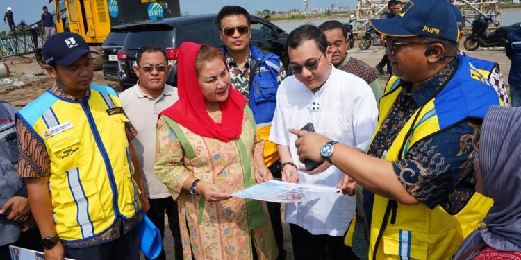 Wali Kota Semarang, Hevearita Gunaryanti Rahayu bersama anggota DPR RI, Mochamad Herviano Widyatama meninjau proses pembangunan tanggul laut di wilayah Kelurahan Tambakrejo, Kecamatan Semarang Utara, Jumat (12/1/2024). (dok. Istimewa)