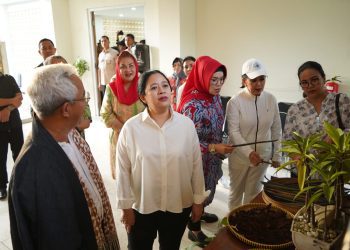 Ketua Dewan Perwakilan Rakyat (DPR) RI, Puan Maharani saat mengunjungi Sentra Batik Warna Alam Malon Gunungpati, Kota Semarang, Jumat (12/1/2024). (dok. istimewa)