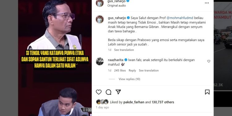 Tangkapan layar video unggahan pegiat medsos Septian Raharjo, yang memperlihatkan ekspresi tenang dan datar Mahfud MD saat menghadapi gimik Gibran Rakabuming Raka, pada debat cawapres, Minggu (21/1/2024) kemarin.