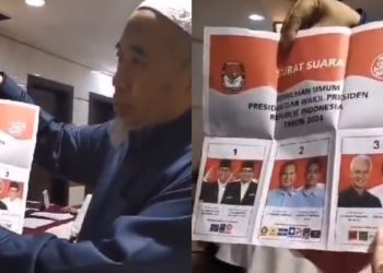 Surat suara di Arab Saudi sudah tercoblos terlebih dahulu pada kotak paslon 02 Prabowo-Gibran (dok. Instagram @dj_donny)