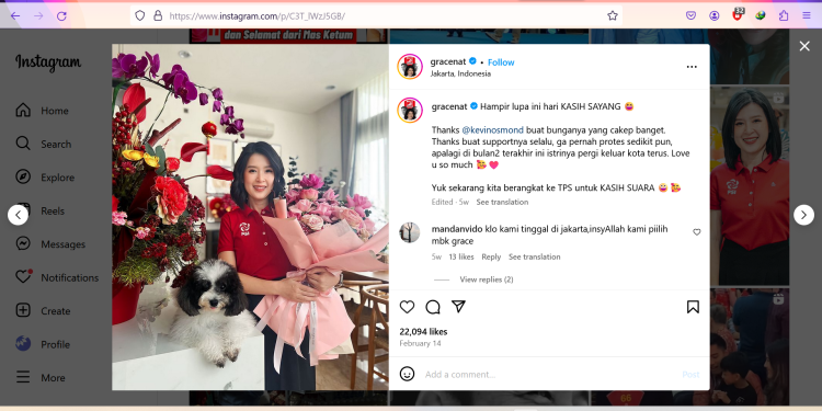 Wakil Ketua Dewan Pembina Partai Solidaritas Indonesia (PSI), Grace Natalie (dok. instagram @gracenat)