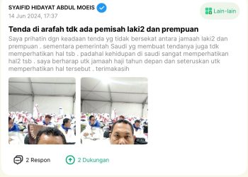Jamaah haji asal Indonesia komplain satu tenda dicampur pria dan wanita (dok. istimewa)