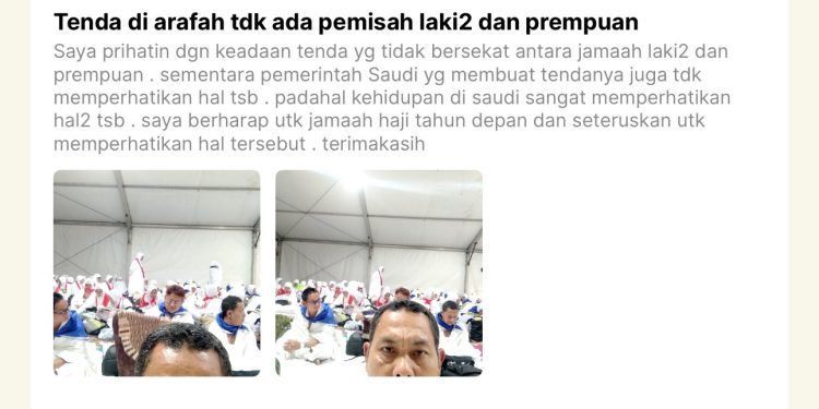 Jamaah haji asal Indonesia komplain satu tenda dicampur pria dan wanita (dok. istimewa)