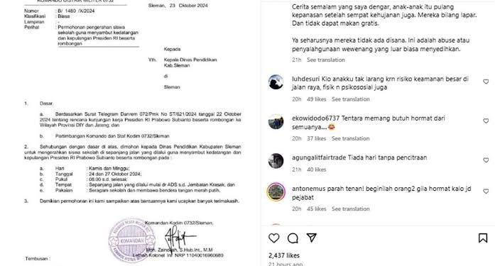 Surat pengerahan Kodim Sleman kepada siswa sekolah untuk menyambut kedatangan Presiden Prabowo (dok. istimewa)