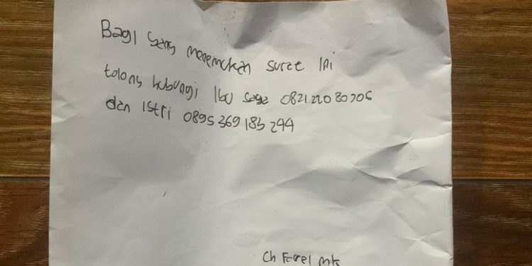 Surat wasiat Christopher Farrel Millenio Kusuma ketika hilang di Pantai Pandan Payung (dok. istimewa)