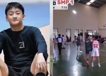 Seorang pemain basket SMP di Cibinong yang memukul lawannya saat turnamen di Kota Bogor (dok. istimewa)