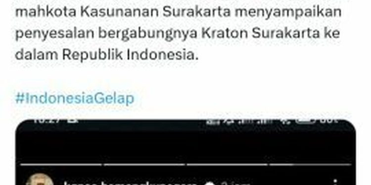 Unggahan KGPAA Mangkunegoro, putra mahkota Keraton Solo, yang berisi penyesalan bergabung dengan Republik Indonesia menjadi viral di media sosial. (dok. istimewa)
