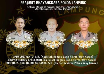 Tiga anggota polisi dari Polres Way Kanan tewas ditembak saat menggerebek perjudian sabung ayam di Kampung Karang Manik, Kecamatan Negara Batin, Kabupaten Way Kanan, Lampung. (dok. istimewa)