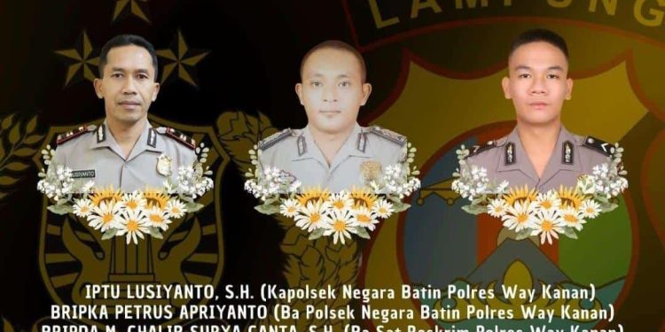 Tiga anggota polisi dari Polres Way Kanan tewas ditembak saat menggerebek perjudian sabung ayam di Kampung Karang Manik, Kecamatan Negara Batin, Kabupaten Way Kanan, Lampung. (dok. istimewa)