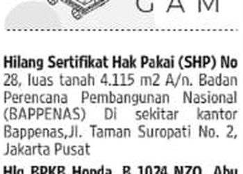 Sertipikat tanah Bappenas hilang (dok. istimewa)