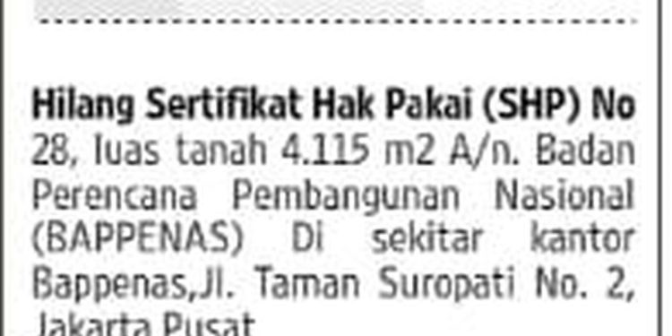 Sertipikat tanah Bappenas hilang (dok. istimewa)