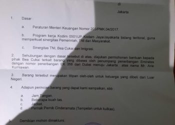 Surat dari Dandim Jakarta Pusat untuk Bea Cukai Soetta Terminal 3 (dok. istimewa)