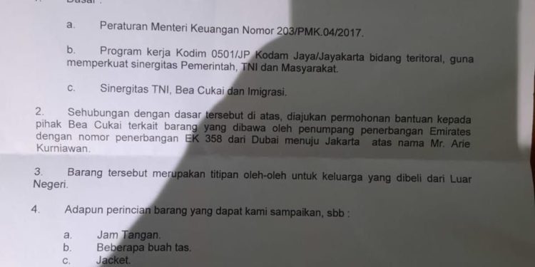Surat dari Dandim Jakarta Pusat untuk Bea Cukai Soetta Terminal 3 (dok. istimewa)
