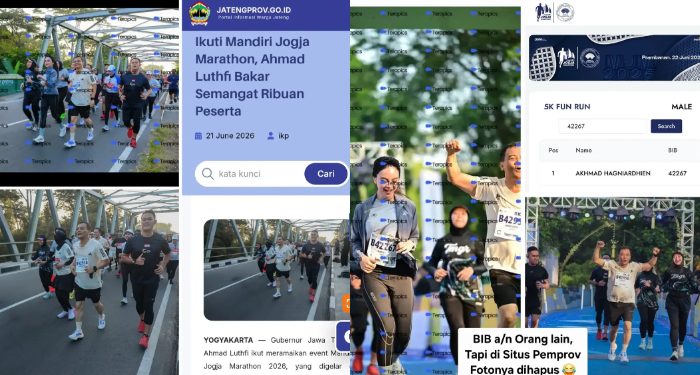 Viral dugaan pelanggaran dalam MJM 2026. Warganet menyoroti penggunaan nomor BIB peserta lain, perubahan dokumentasi di situs Pemprov Jateng, hingga berita yang disebut tidak lagi dapat diakses. (dok. istimewa)